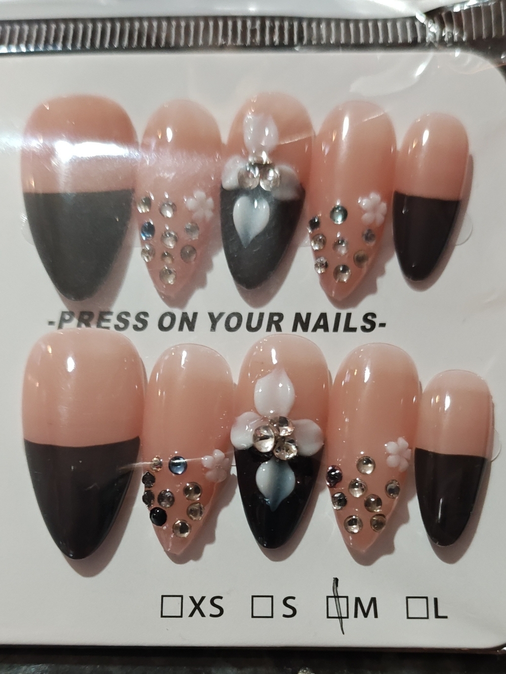 Press-On Nude and Black Floral Accent False Nails